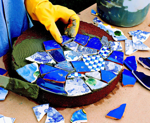 Artist, Mosaic Tools, Hand Craft, Uses Tweezers To Make Mosaic, Close Up.  Ancient process making mosaics. Stock Photo
