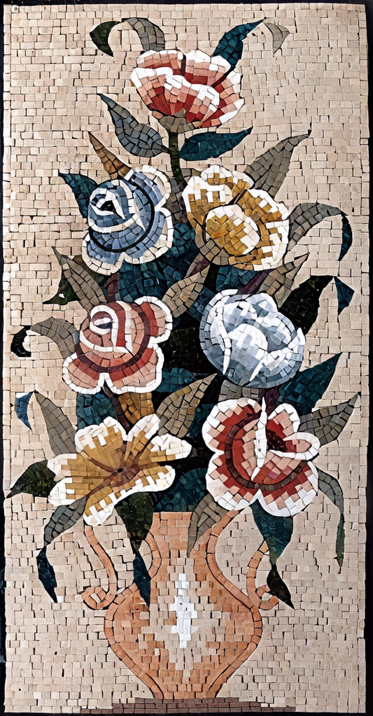Floral Bouquet - Marble Mosaic Vase Design Retro - Mesh Backing