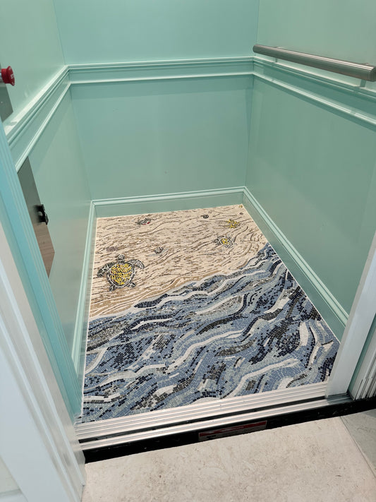 Hatching Sea Turtles - Marble Mosaic Tile Artwork - Mesh Backing
