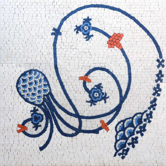 Ottoman/Iznik Inspired Blue and White Floral Mosaic Tile Art - Swirling Design Wall Panel