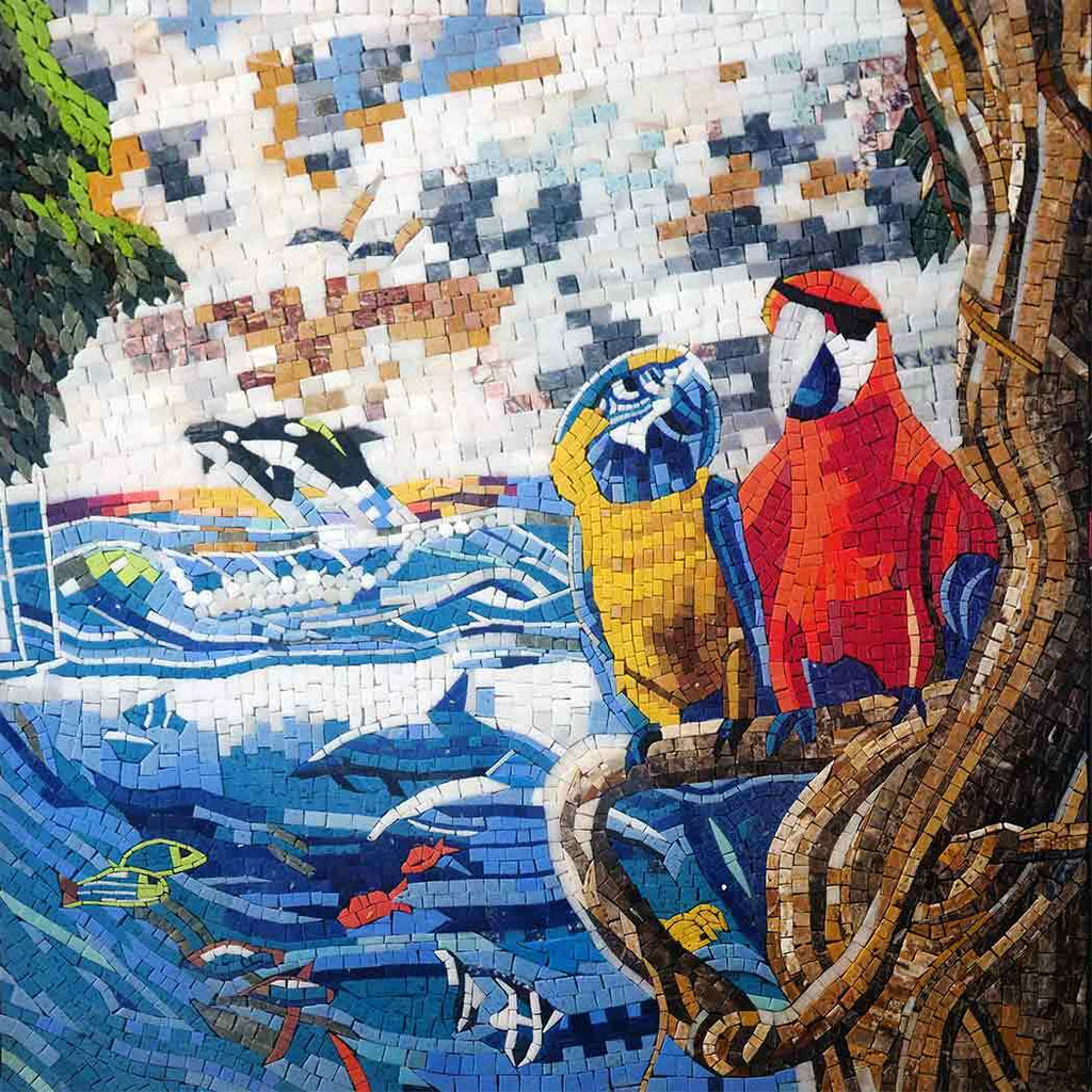 Vibrant Tropical Mosaic: Parrots and Marine Life