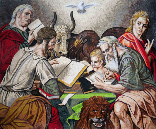 Geometric Religious The Four Evangelists Scene Art - Marble Mosaic Flooring Handcrafted - Mesh Backing