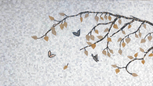 Geometric Branch Natural Stone Floral Tile - Flower Mosaic Art Autumn - Mesh Backing