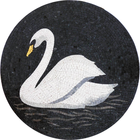 Majestic White Swan Circular Pool Mosaic Medallion - Black and Gold Mosaic Tiles Water Feature Art