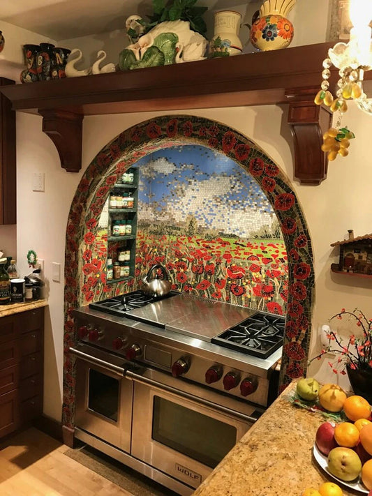 Enchanting Poppy Fieldscape - Marble Mosaic Cor Flower - Mesh Backing