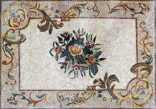 Floral Bouquet Bordered - Marble Mosaic Tile Fireplace Carpet Design - Mesh Backing