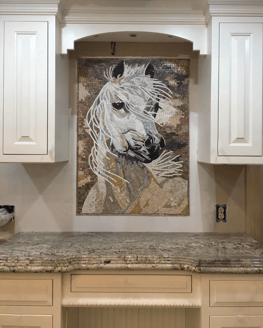 Majestic Artistry - Marble Mosaic Horse Creamy Natural Stones - Mesh Backing