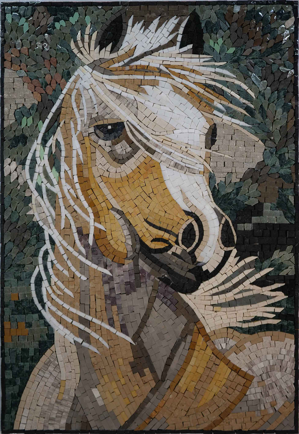 Chromatic Equine: A Mosaic Art Portrait of a Colorful White Horse