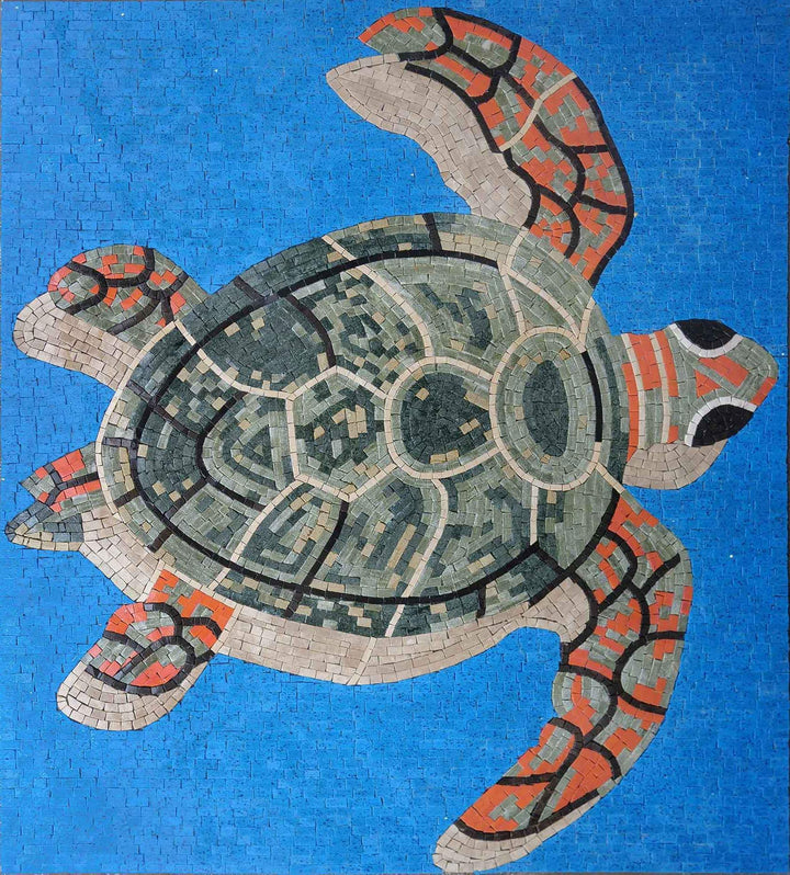 Swiming Turtle With Shadow On Blue - Mosaic Art 